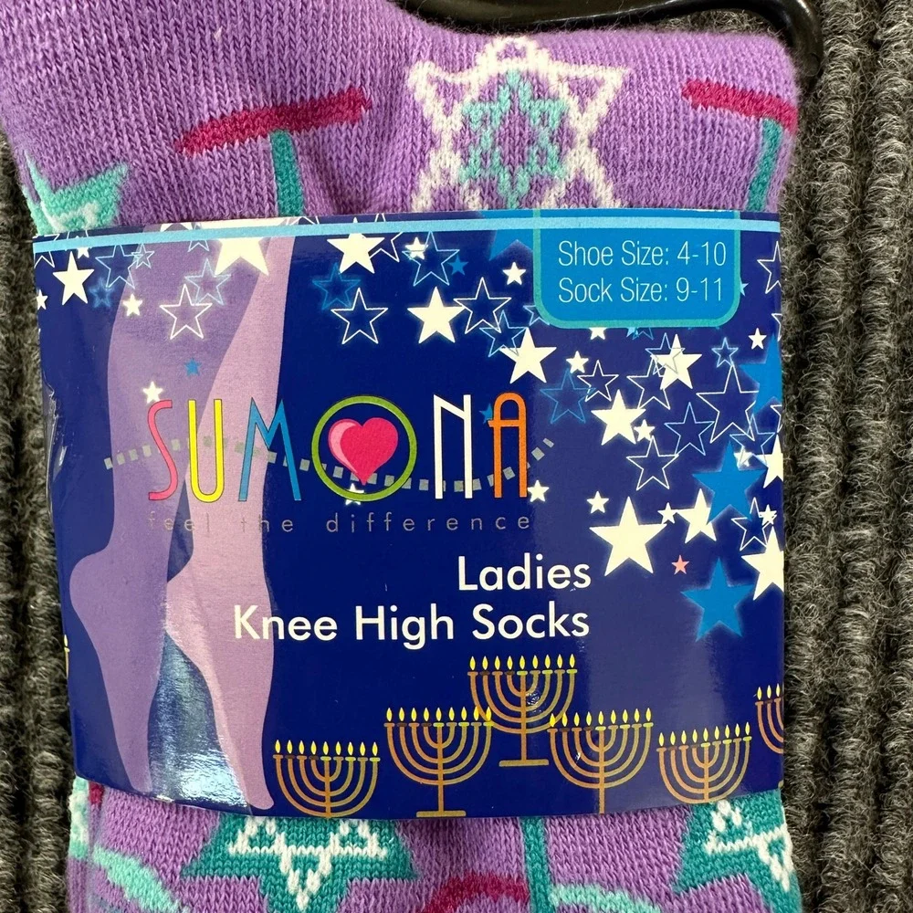Sumona Hanukkah Knee High Socks Ladies Size 9-11 Purple Menorah Star of David